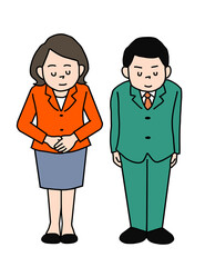 Fototapeta premium お辞儀をして挨拶をするスーツ姿のビジネスパーソン男女2人のイラスト