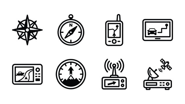 Navigation Tools Collection: A set of various navigation icons including a compass rose, compass, GPS device, car navigation screen, satellite, and signal booster, symbolizing direction and travel.