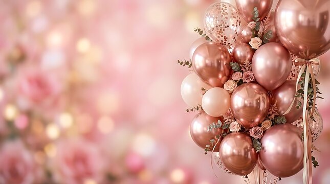 Beautiful rose gold balloons background for a festive happy birthday celebration with soft bokeh lighting effects