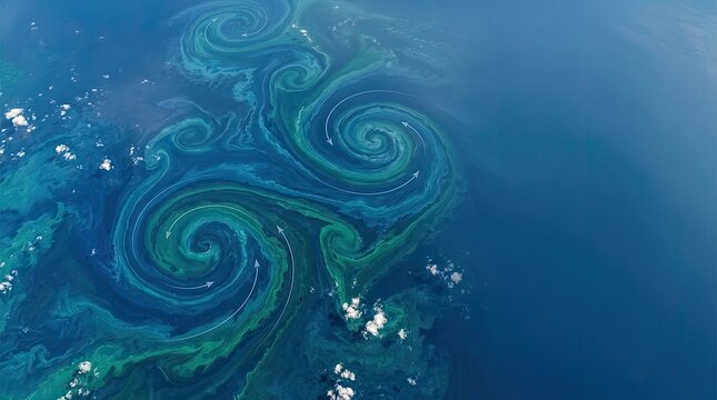 A satellite image reveals a mesmerizing underwater swirl of vibrant green algae within a deep blue ocean.