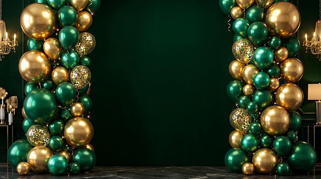 Elegant dark green and gold balloon arch background perfect for a luxury happy birthday celebration party event