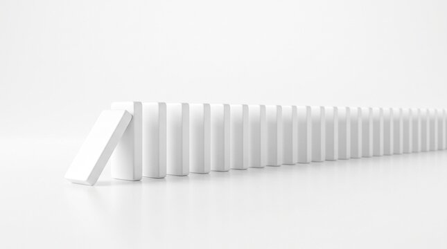 Minimalist concept of a row of pure white dominos with the first one falling, risk management and domino effect metaphor