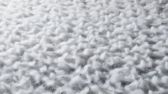 Soft white fluffy synthetic fiber texture, closeup of polyester stuffing or cotton wool material