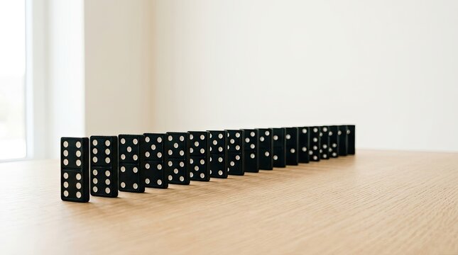 A row of black dominoes rests on a light wood table. The dominoes are arranged in a straight line, ready to fall.