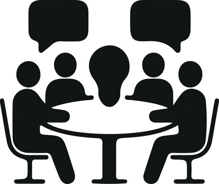 Business Team Brainstorming Meeting Around Round Table Silhouette Vector