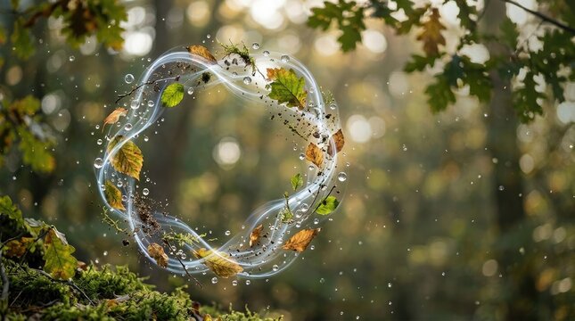 A magical circle of water forms around a collection of falling autumn leaves. The leaves swirl within the water ring, creating a dynamic and ethereal effect.