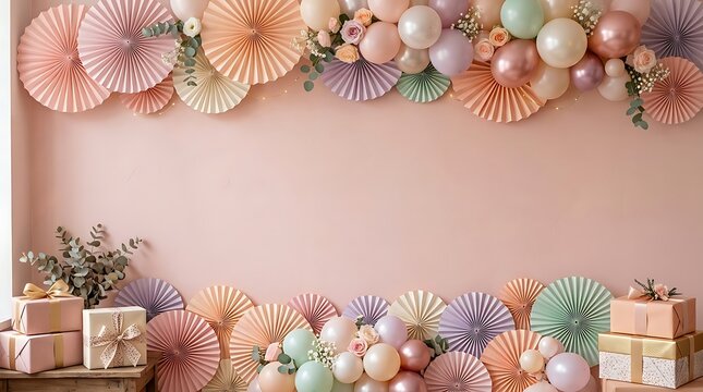 A festive happy birthday party background featuring colorful balloons and wrapped gift boxes for a celebration event