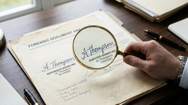 Magnifying glass hovering over a suspicious signature comparison &ndash; Forgery and document fraud investigation