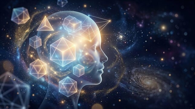 A luminous human head floats within a cosmic background filled with swirling galaxies and stars.