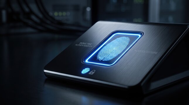 Futuristic biometric fingerprint scanner device with glowing blue light for secure access authentication in dark server room environment representing cyber security technology