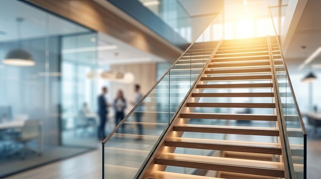 A blurred photograph captures a modern office staircase with a glass railing. People are visible in the background, suggesting a busy workplace.