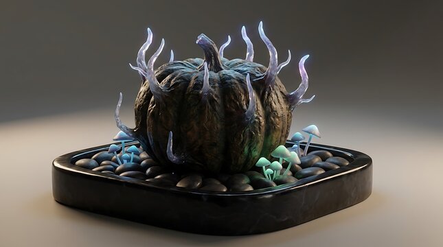 A dark mysterious fantasy pumpkin with glowing bioluminescent tentacles surrounded by small neon mushrooms on black stones