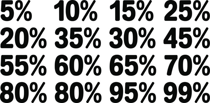 Black bold percentage number icons set from five to ninety nine percent isolated on white background