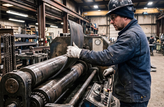 Skilled blue-collar worker operating press brake bending machine in a metal fabrication factory