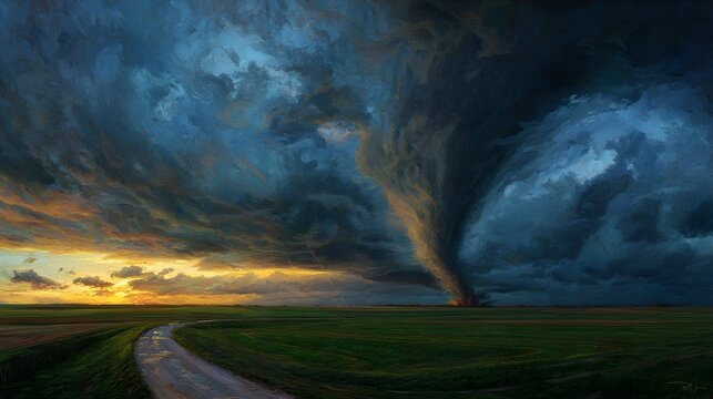 Large tornado touching ground across flat fields with a curved road