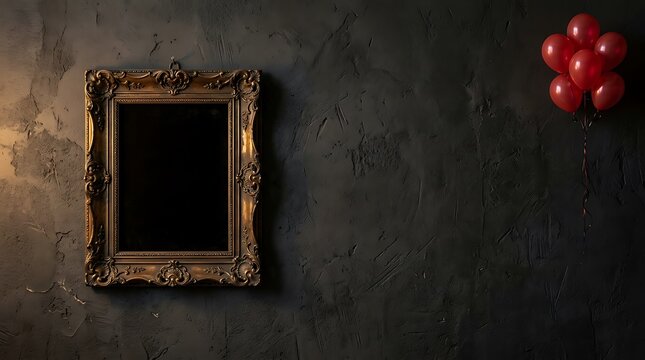Elegant vintage frame on a dark wall with red balloons for a stylish happy birthday celebration greeting