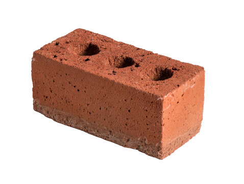 A close-up studio shot of a single red clay brick with three circular holes, isolated on a pure white background