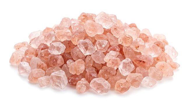 Pile of raw Himalayan pink salt crystals isolated on white background