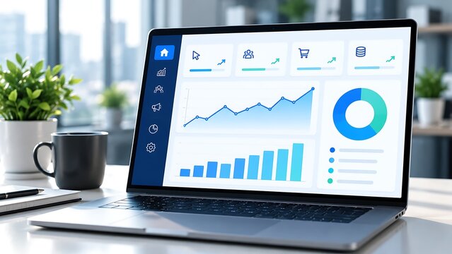 Data visualization dashboard software displayed on laptop screen showing business growth metrics and financial charts