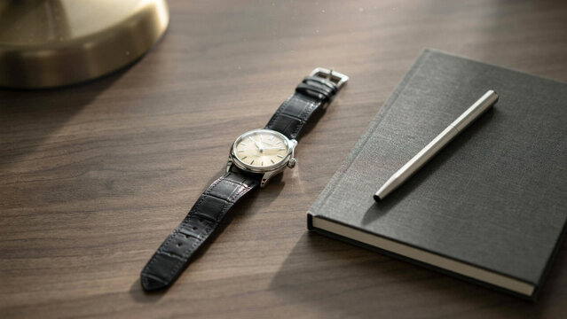 Elegant wristwatch with leather strap placed beside sleek notebook and pen on wooden surface