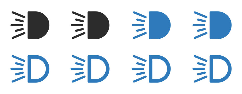 Car Light Dashboard Icon set, dipped beam and LED headlight symbols, vehicle panel indicators, lamp warnings, automotive interface, and clean vector design.
