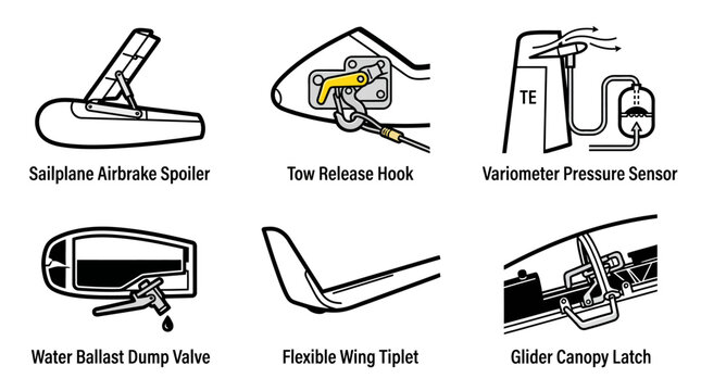 Sailplane components are displayed in this technical diagram illustrating the mechanical systems of a glider.