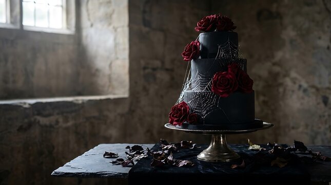 A dark gothic style tiered wedding cake decorated with deep red roses and artificial spiderwebs