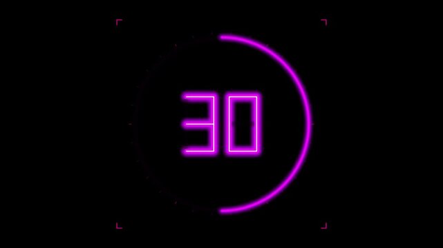 Neon purple digital countdown timer from 60 to 0 seconds featuring a circular progress bar on a black background for sports, gaming, and cinematic transitions.