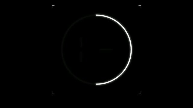 Digital HUD loading screen with white circular progress bar and scanning marks on black background for user interface design.