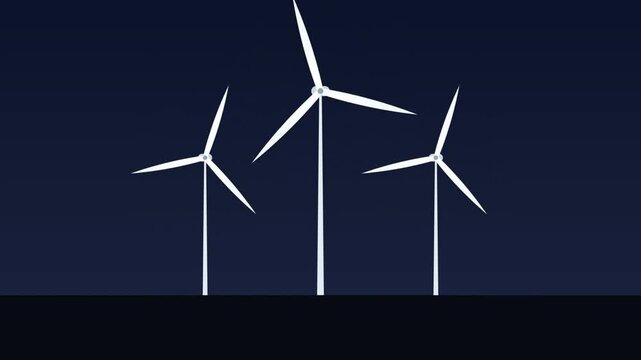 Animated white wind turbines rotating on dark background symbolizing renewable green energy and sustainability.