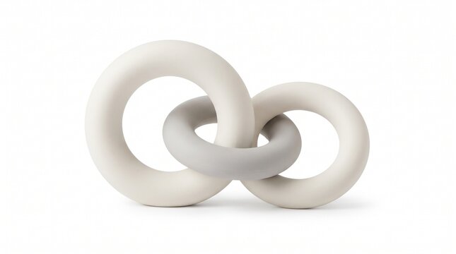 Three broad interlocking ring forms with smooth sculptural surfaces, designed for contemporary branding, technology, architecture and editorial compositions. Isolated on White background.