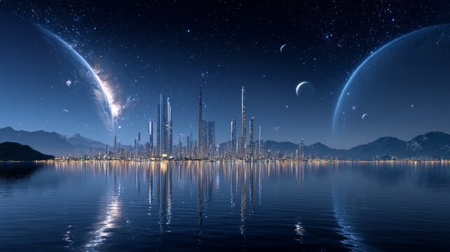 A futuristic city sprawls along a reflective lake under a starlit, alien sky. Two large planets and moons grace the horizon