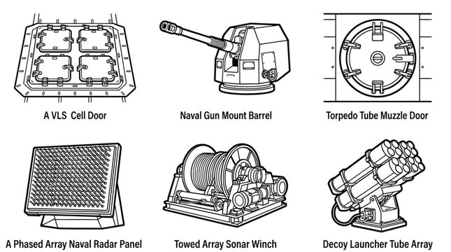 Naval tactical equipment includes a VLS cell door, naval gun mount, torpedo tube door, radar panel, sonar winch, and decoy launcher array for maritime defense.