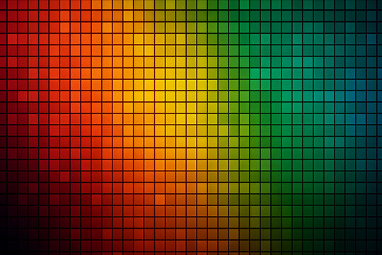 Abstract colorful gradient mosaic grid background with glowing square tiles in rainbow spectrum