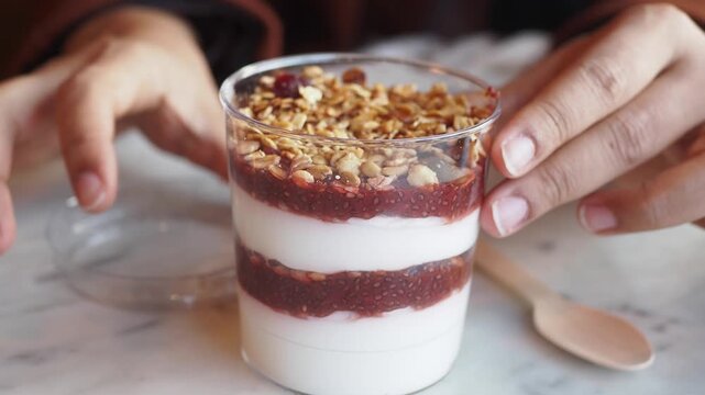 Opening transparent lid of healthy layered yogurt parfait with raspberry chia seed jam and granola on marble table