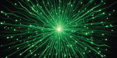 Fototapeta premium Abstract green starburst explosion with radial particle lines radial particles green light abstract burst glowing lines energy blast digital rays central explosion motion effect