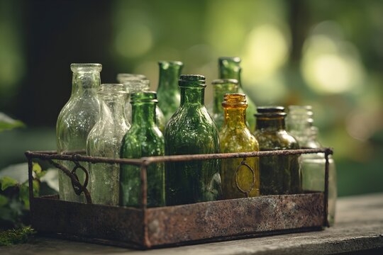 Rusty metal crate filled with assorted small green and clear glass bottles