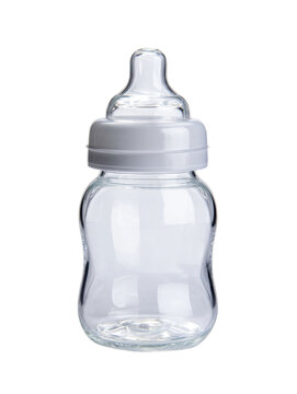 A clean, empty glass baby bottle with a white screw-on cap and a clear silicone nipple is presented against a plain white backdrop