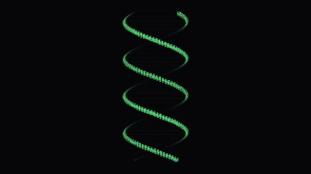 Green Digital DNA Helix Animation Composed of Glowing Numeric Data