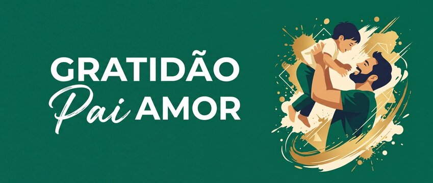 Fathers Day vector banner illustration of father holding son with Portuguese text Gratidao Pai Amor for greeting card design horizontal poster with green background and gold paint splash detail