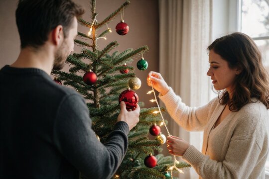 Two people collaborating to hang Christmas ornaments on a decorated evergreen tree in a warmly lit indoor setting.