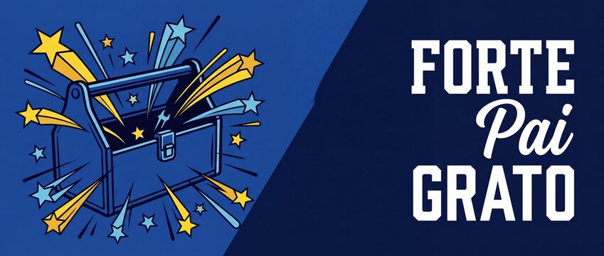 Fathers Day Toolbox Vector Banner with Portuguese Text Forte Pai Grato, Comic Style Graphic Illustration for Dad Celebration Card Background, Pop Art Toolkit Bursting Stars Design Layout