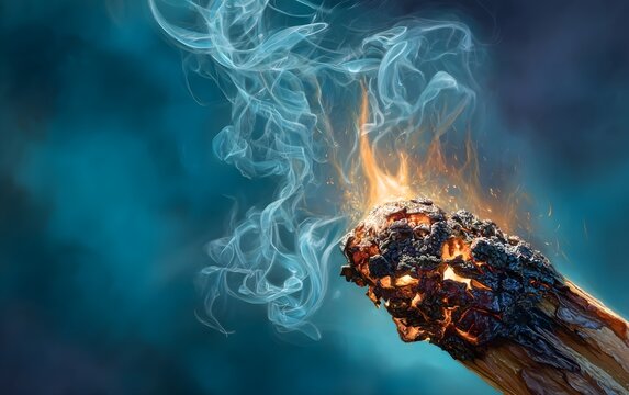 Closeup burning match head with smoke plume on teal background