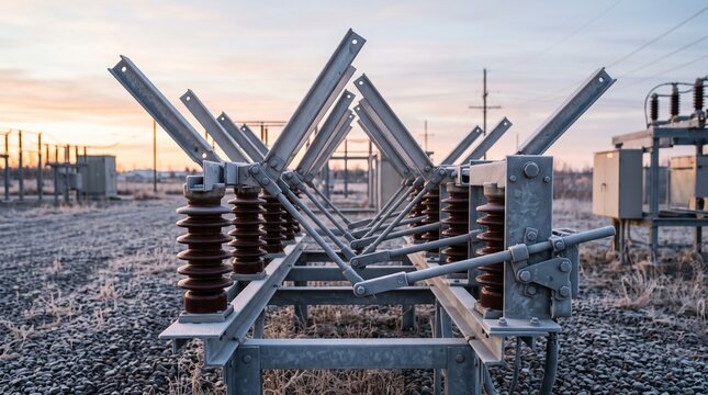 Switchyard Equipment Covered In Frost With An Air Break Disconnect Switch Open Above Brown Porcelain Insulators In A Gravel Utility Yard At Sunrise