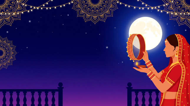 Flat Vector Karwa Chauth Banner with Woman Sighting Moon and Copy Space