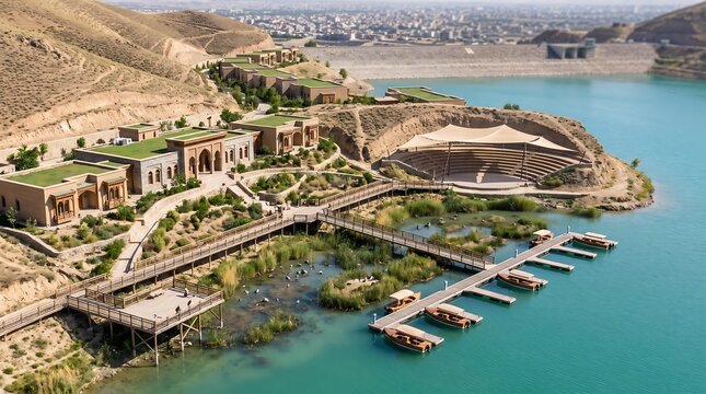 Aerial view of a mountain resort complex with wooden piers and blue lake water mountain vacation landscape building architecture shoreline