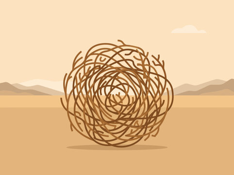 Vector illustration of a dried tumbleweed ball in an arid desert landscape.