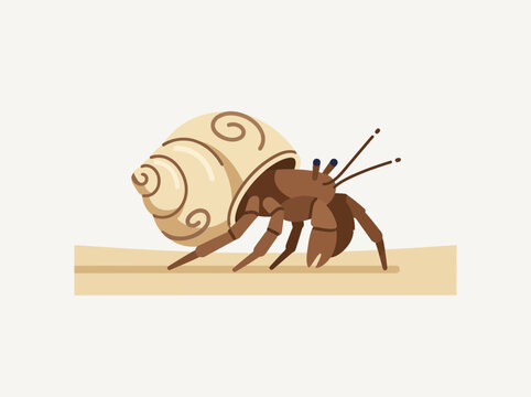 Vector illustration of a hermit crab in a spiral shell walking on sand.