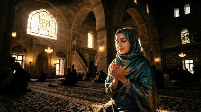 Young Muslim woman in teal hijab praying with closed eyes in a grand mosque interior featuring sunlight beams through stained glass windows and ornate stone architecture.