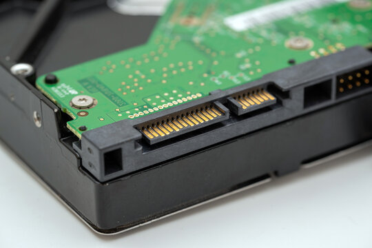 Close-up view of a hard drive showing circuit board and connector details